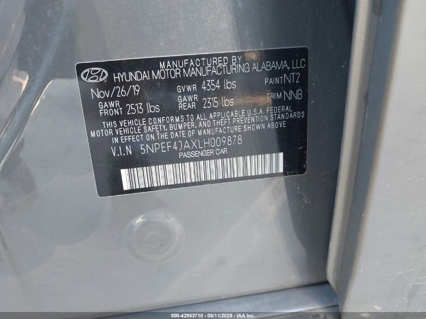 2020 Hyundai Sonata Sel VIN: 5NPEF4JAXLH009878 Lot: 42953710