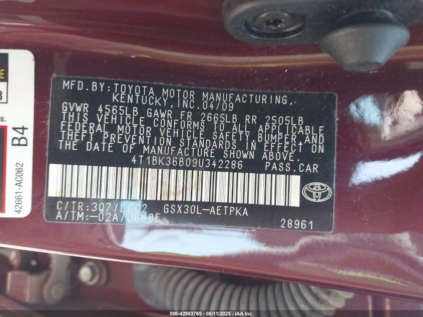 2009 Toyota Avalon Limited VIN: 4T1BK36B09U342286 Lot: 42953769