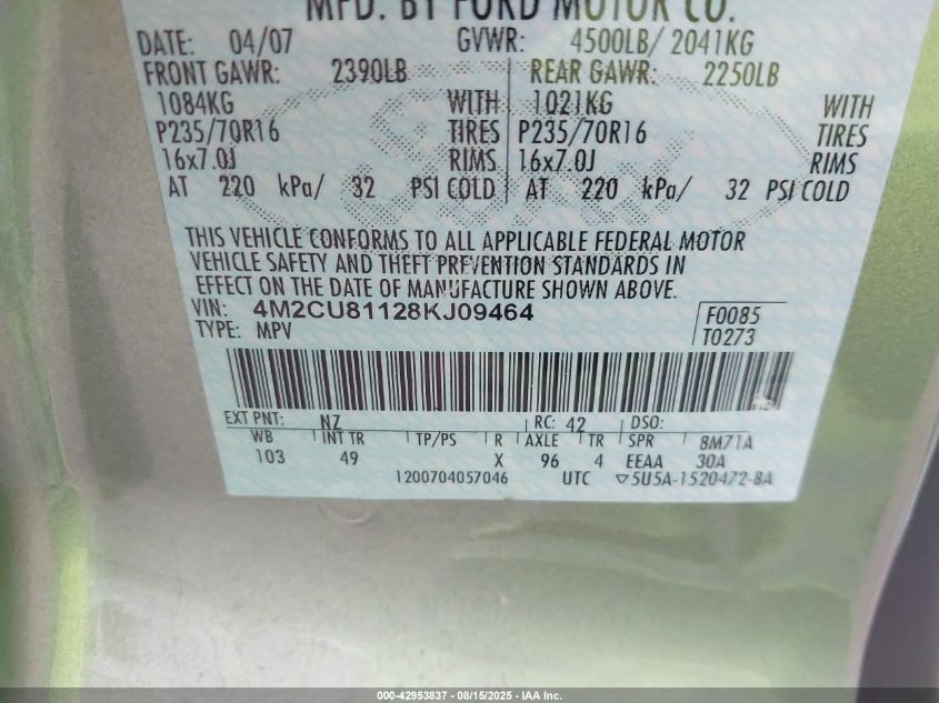 2008 Mercury Mariner V6 VIN: 4M2CU81128KJ09464 Lot: 42953837