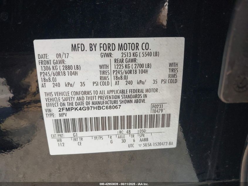 2017 Ford Edge Se VIN: 2FMPK4G97HBC68067 Lot: 42953839