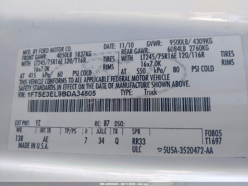 2011 Ford E-350 Super Duty Commercial VIN: 1FTSE3EL9BDA34805 Lot: 42953845