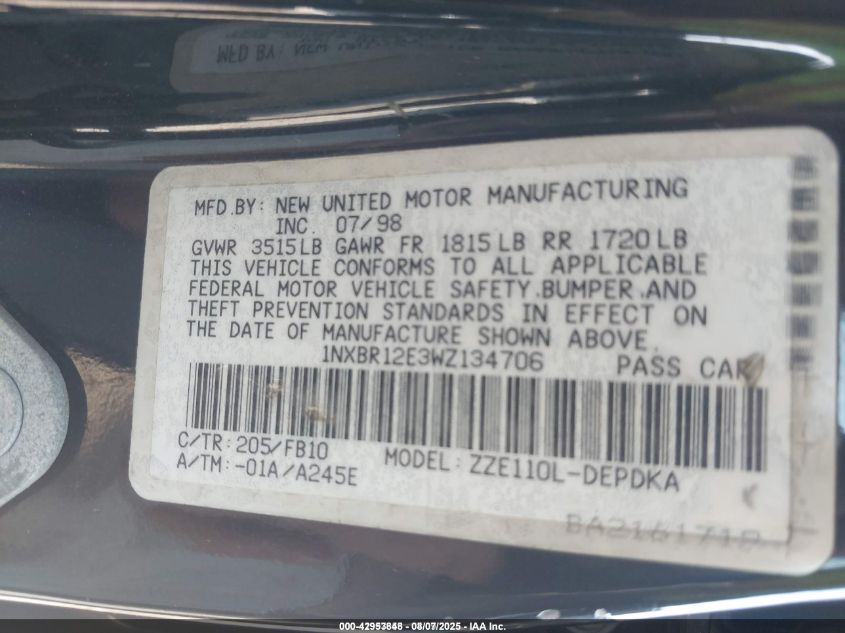 1998 Toyota Corolla Ce VIN: 1NXBR12E3WZ134706 Lot: 42953848