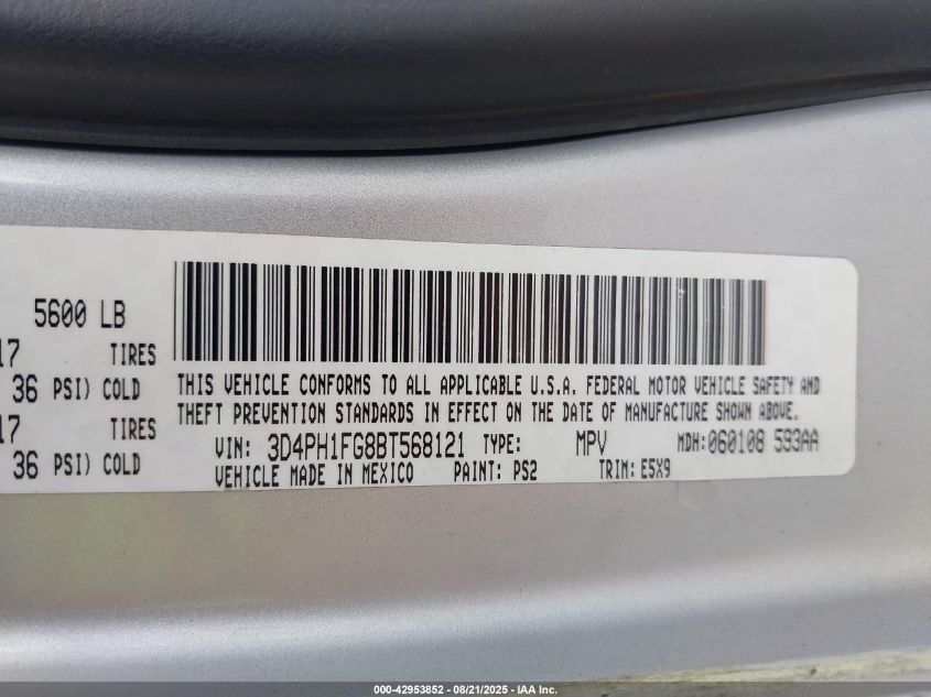 2011 Dodge Journey Mainstreet VIN: 3D4PH1FG8BT568121 Lot: 42953852