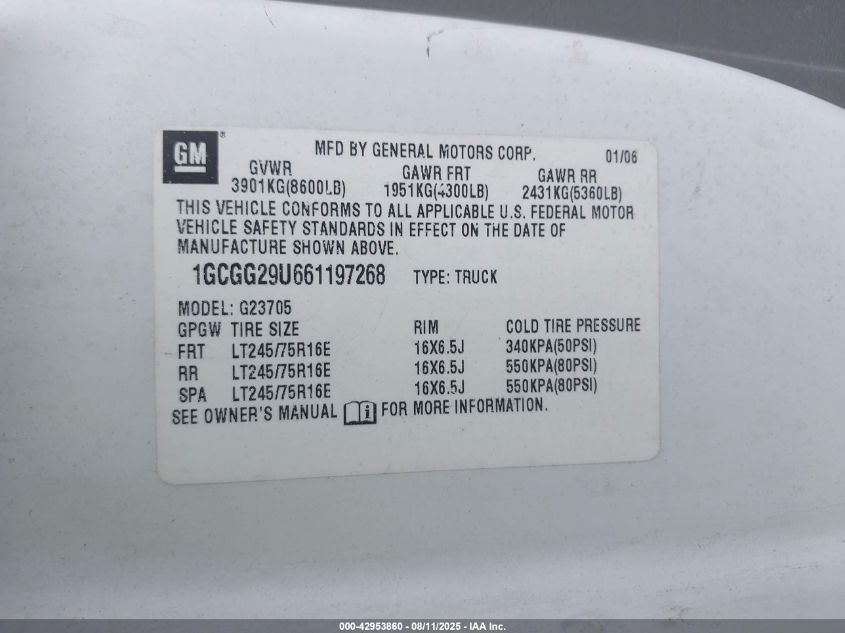 2006 Chevrolet Express Work Van VIN: 1GCGG29U661197268 Lot: 42953860