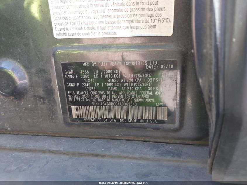 2010 Subaru Outback 2.5I Premium VIN: 4S4BRBCC4A3363543 Lot: 42954219