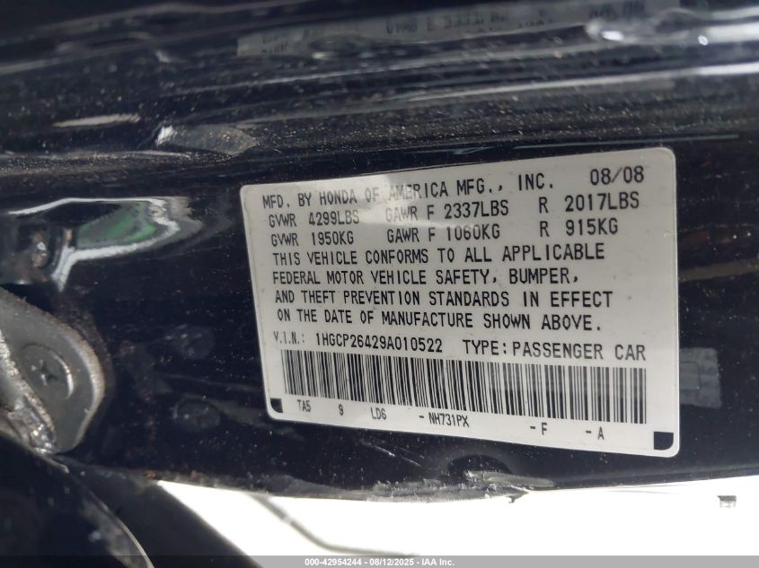 2009 Honda Accord 2.4 Lx-P VIN: 1HGCP26429A010522 Lot: 42954244