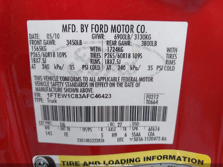 2010 Ford F-150 Xlt VIN: 1FTEW1C83AFC46423 Lot: 42954251