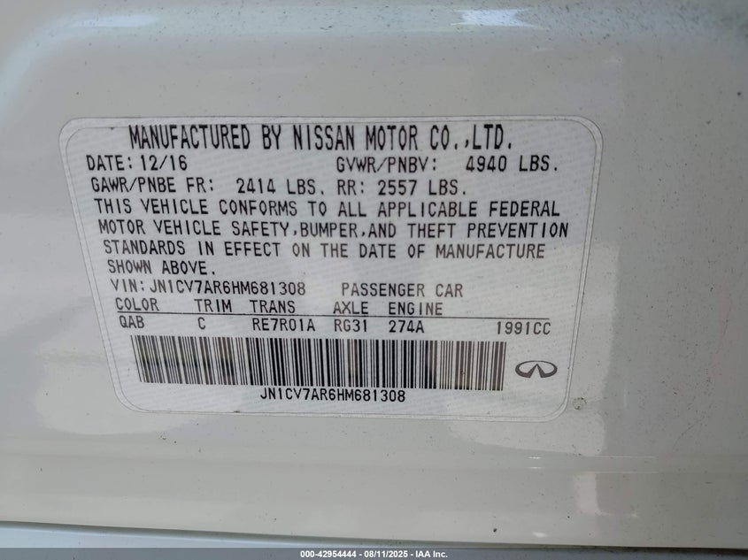 2017 INFINITI Q50 2.0T PREMIUM - JN1CV7AR6HM681308