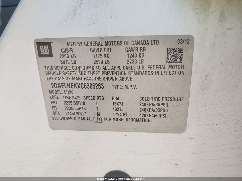 2012 Chevrolet Equinox 2Lt VIN: 2GNFLNEKXC6306263 Lot: 42954446