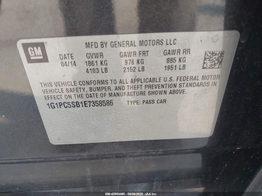 2014 Chevrolet Cruze 1Lt Auto VIN: 1G1PC5SB1E7358586 Lot: 42954460