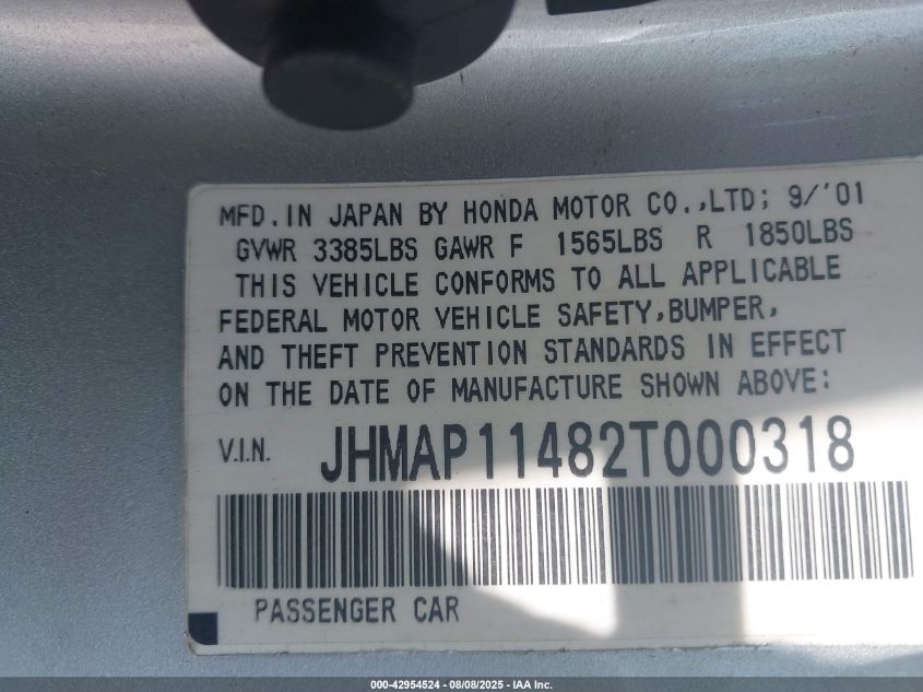 2002 Honda S2000 VIN: JHMAP11482T000318 Lot: 42954524