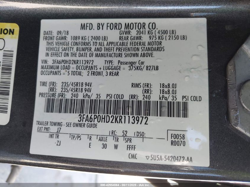 2019 Ford Fusion Se VIN: 3FA6P0HD2KR113972 Lot: 42954564