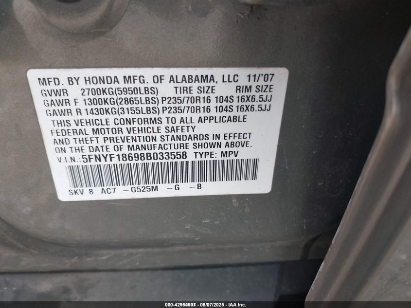 2008 Honda Pilot Ex-L VIN: 5FNYF18698B033558 Lot: 42954607
