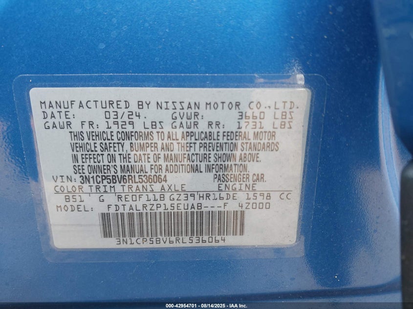 2024 Nissan Kicks S Xtronic Cvt VIN: 3N1CP5BV6RL536064 Lot: 42954701