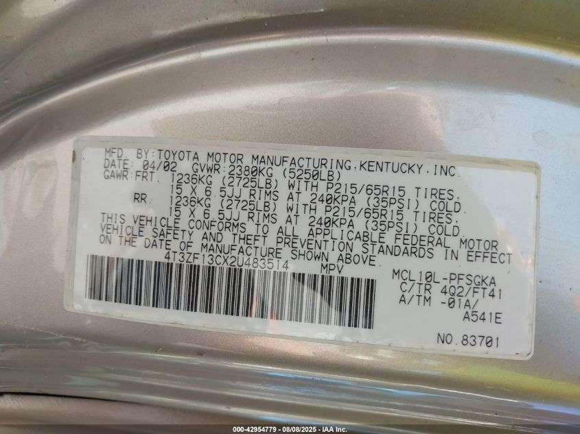 2002 Toyota Sienna Le VIN: 4T3ZF13CX2U483514 Lot: 42954779