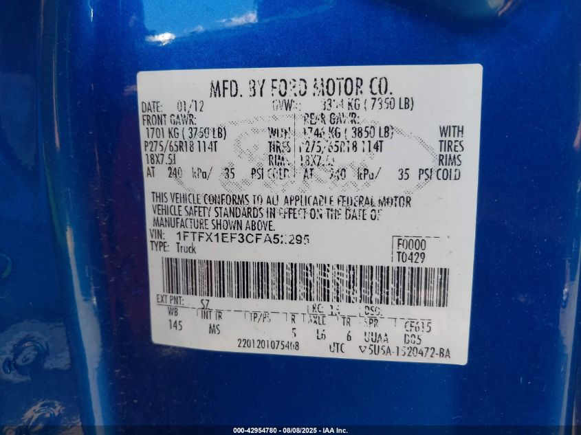 2012 Ford F-150 Xlt VIN: 1FTFX1EF3CFA52295 Lot: 42954780