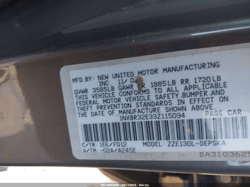 2003 Toyota Corolla Ce/Le/S VIN: 1NXBR32E33Z115094 Lot: 42954850