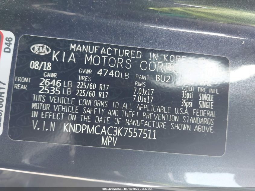 2019 Kia Sportage Lx VIN: KNDPMCAC3K7557511 Lot: 42954853