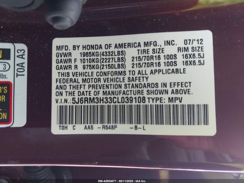 2012 Honda Cr-V Lx VIN: 5J6RM3H33CL039108 Lot: 42954877