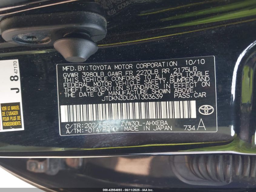 2010 Toyota Prius Ii VIN: JTDKN3DU2A1303639 Lot: 42954893