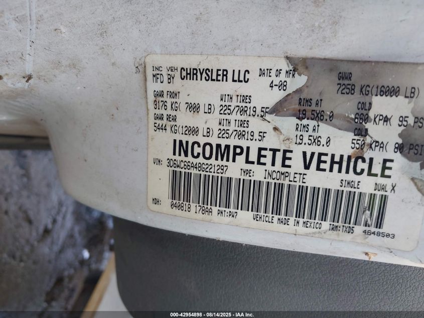 2008 Dodge Ram 4500 Hd Chassis St/Slt VIN: 3D6WC66A48G221297 Lot: 42954898