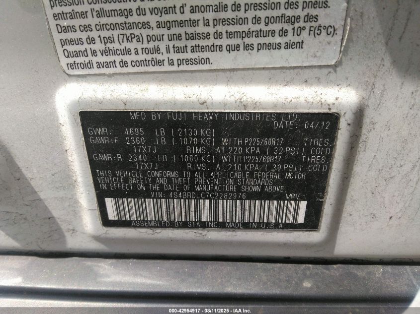 2012 Subaru Outback 3.6R Limited VIN: 4S4BRDLC7C2282976 Lot: 42954917