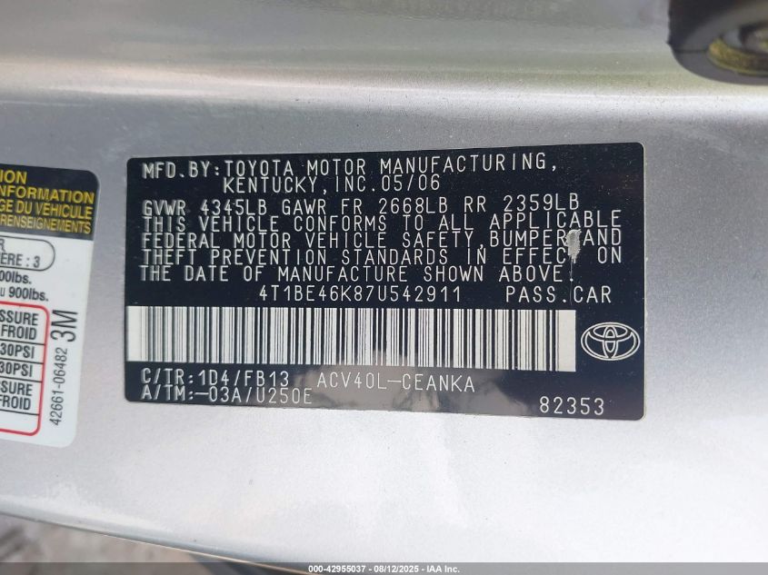 2007 Toyota Camry Le VIN: 4T1BE46K87U542911 Lot: 42955037