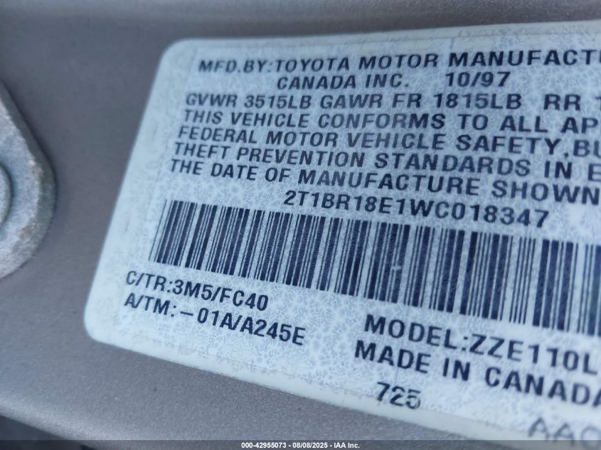 1998 Toyota Corolla Le VIN: 2T1BR18E1WC018347 Lot: 42955073