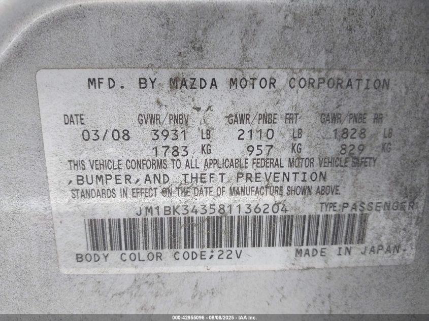 2008 Mazda Mazda3 S Sport VIN: JM1BK343581136204 Lot: 42955096