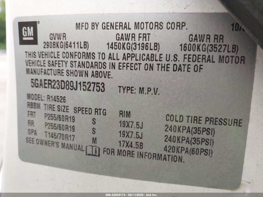 2009 Buick Enclave Cxl VIN: 5GAER23D89J152753 Lot: 42955174