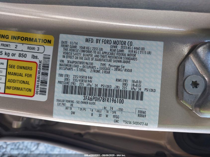 2015 Ford Fusion Se VIN: 3FA6P0H78FR196100 Lot: 42955201