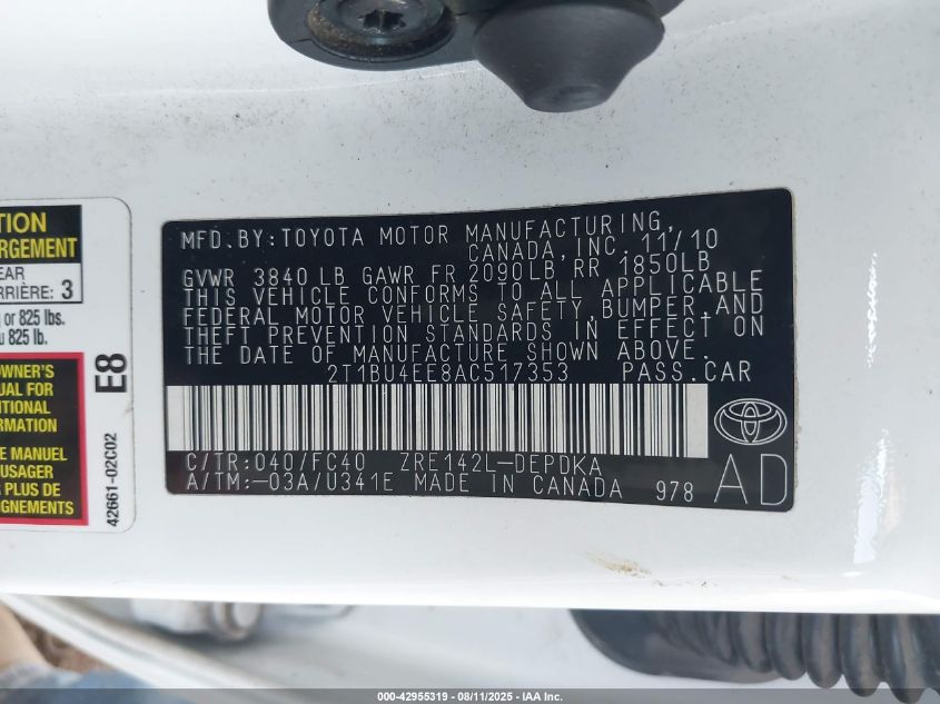 2010 Toyota Corolla Le VIN: 2T1BU4EE8AC517353 Lot: 42955319