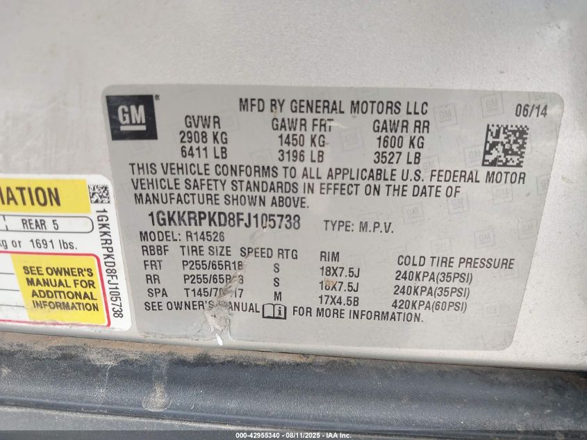 2015 GMC Acadia Sle-2 VIN: 1GKKRPKD8FJ105738 Lot: 42955340
