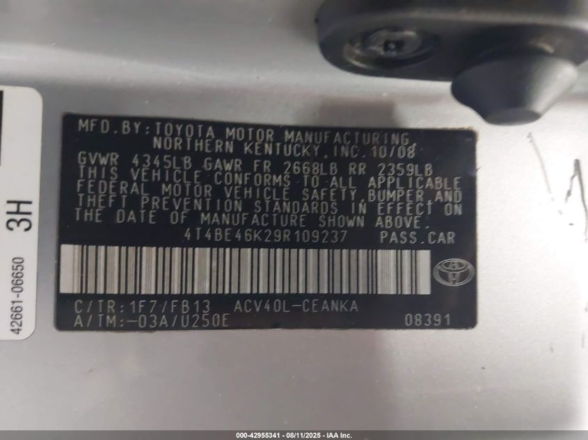 2009 Toyota Camry Le VIN: 4T4BE46K29R109237 Lot: 42955341