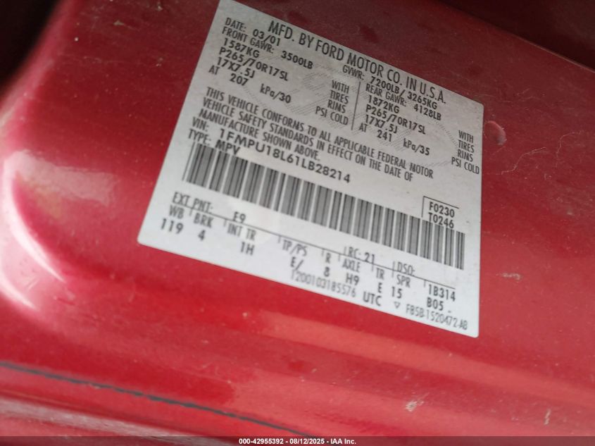 2001 Ford Expedition Eddie Bauer VIN: 1FMPU18L61LB28214 Lot: 42955392