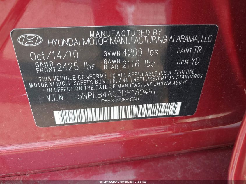 2011 Hyundai Sonata Gls VIN: 5NPEB4AC2BH180491 Lot: 42955453