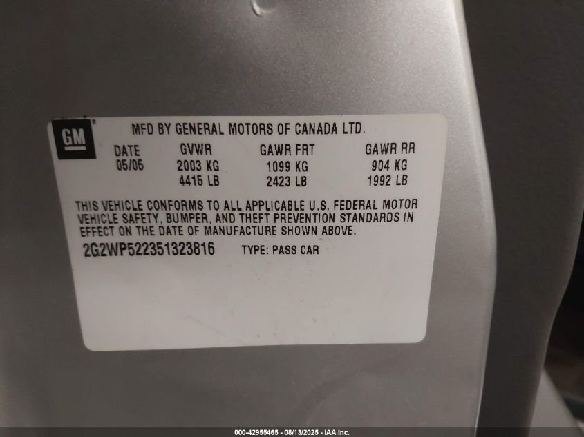 2005 Pontiac Grand Prix VIN: 2G2WP522351323816 Lot: 42955465