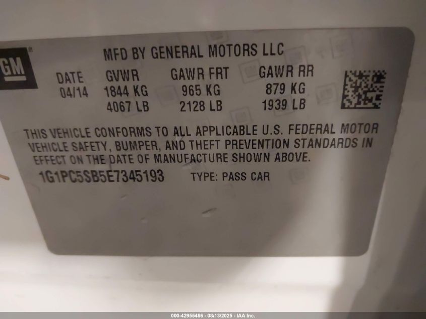 2014 Chevrolet Cruze 1Lt Auto VIN: 1G1PC5SB5E7345193 Lot: 42955466