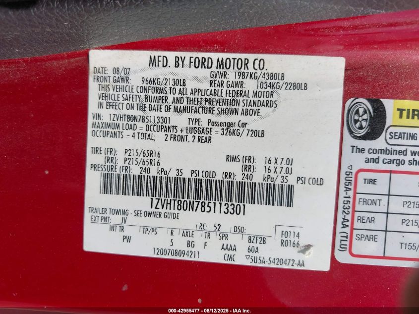 2008 Ford Mustang V6 Deluxe/V6 Premium VIN: 1ZVHT80N785113301 Lot: 42955477