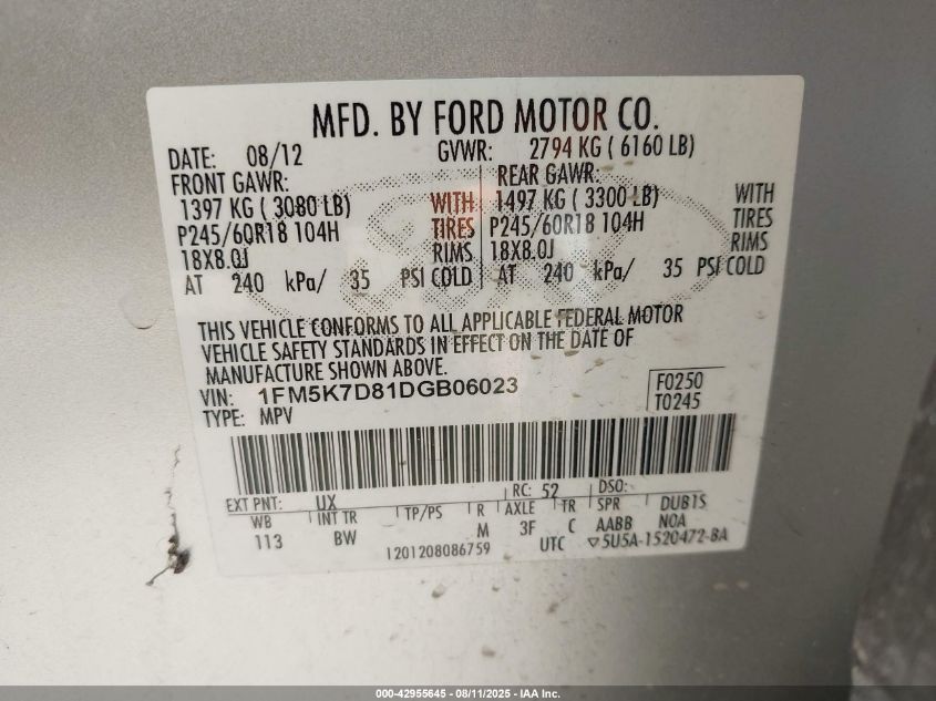 2013 Ford Explorer Xlt VIN: 1FM5K7D81DGB06023 Lot: 42955645