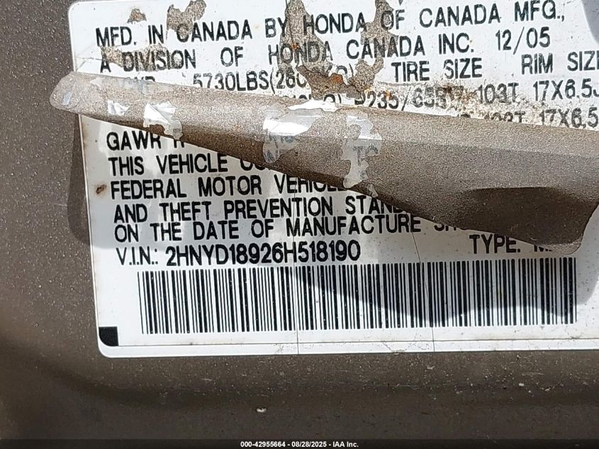 2006 Acura Mdx VIN: 2HNYD18926H518190 Lot: 42955664