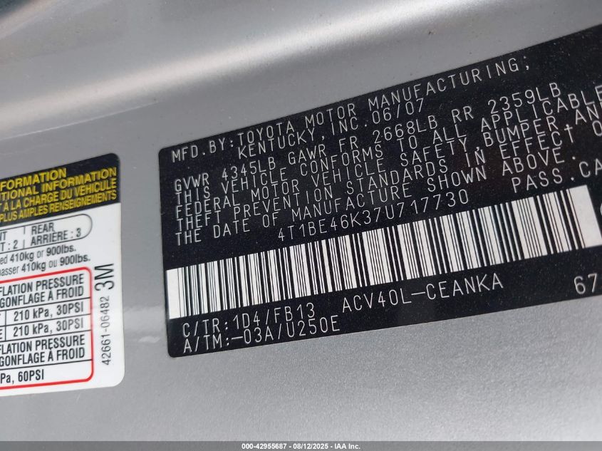 2007 Toyota Camry Le VIN: 4T1BE46K37U717730 Lot: 42955687