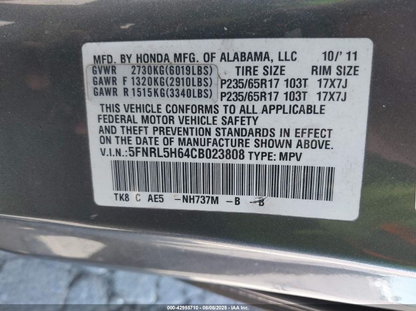 2012 Honda Odyssey Ex-L VIN: 5FNRL5H64CB023808 Lot: 42955710