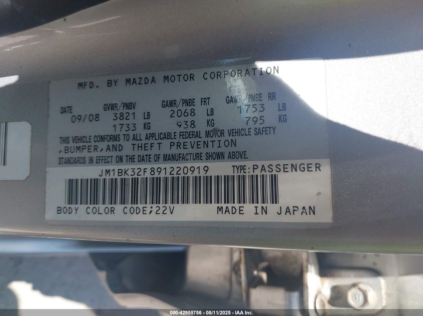 2009 Mazda Mazda3 I VIN: JM1BK32F891220919 Lot: 42955756