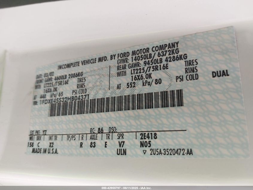 2002 Coachmen E-450 Cutaway VIN: 1FDXE45S32HB04371 Lot: 42955797