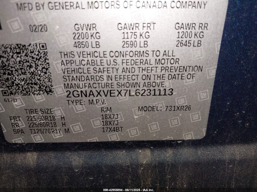 2020 Chevrolet Equinox Awd Lt 2.0L Turbo VIN: 2GNAXVEX7L6231113 Lot: 42955894