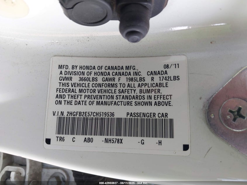 2012 Honda Civic Lx VIN: 2HGFB2E57CH519536 Lot: 42955927