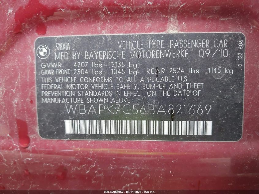 2011 BMW 328I xDrive VIN: WBAPK7C56BA821669 Lot: 42955952