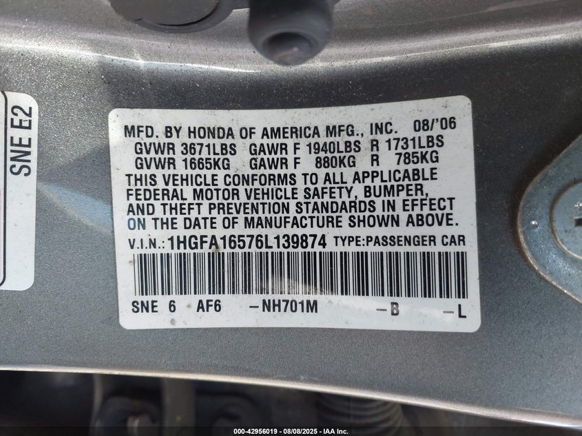 2006 Honda Civic Lx VIN: 1HGFA16576L139874 Lot: 42956019