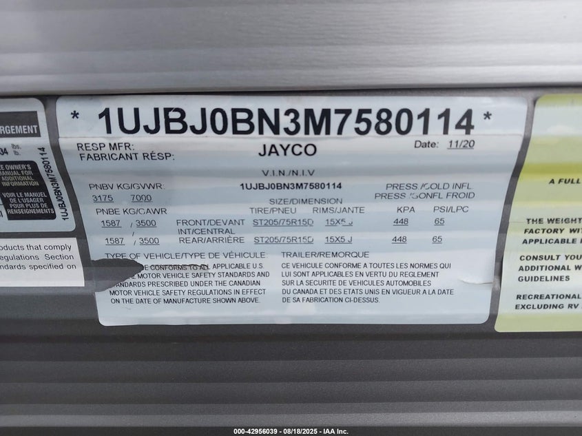 2021 JAYCO JAY FLIGHT SLX SERIE (VIN: 1UJBJ0BN3M7580114